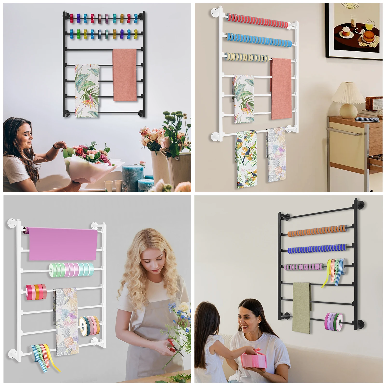 7段スチールリボン収納オーガナイザー、クラフトルーム、フラワーショップ、クリスマスギフト包装紙用の壁掛け包装紙ラック