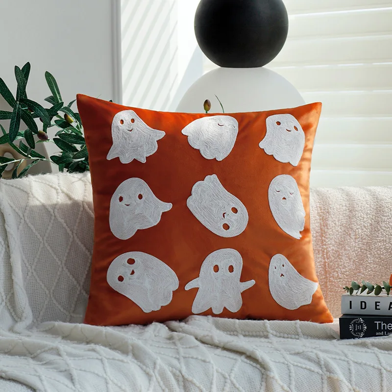 Halloween Decoration Pillow Cover Smile Pumpkin Cute Ghosts Orange Pink Beige White Velvet Embroidery Cushion Cover 45x45cm