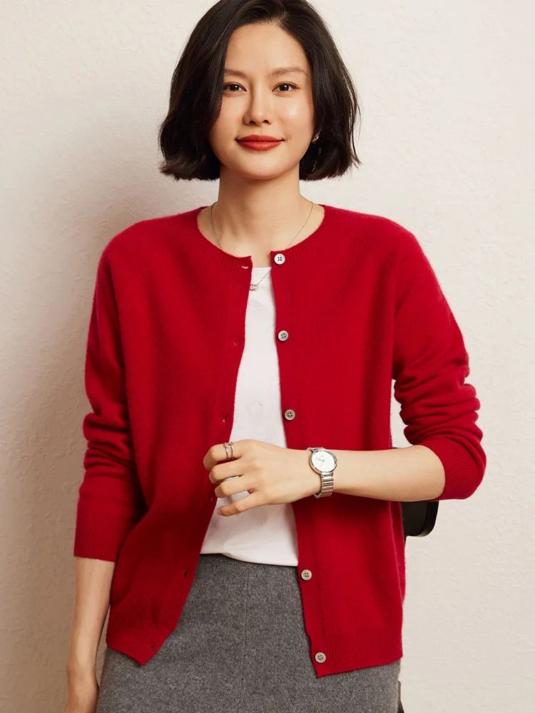 2024 New Women's Cardigan 100% Cashmere Sweater O-neck Solid Grace Basic Cashmere Knitwear Spring Autumn Winter Korean Fashion