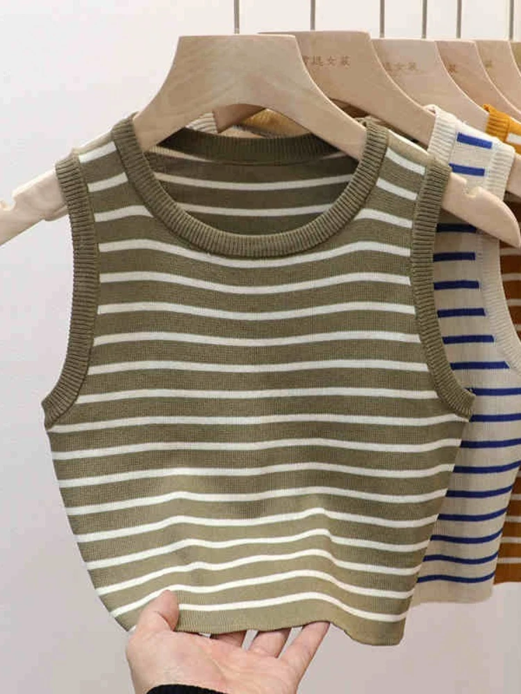 2026 Spring Summer New Sleeveless Ice Silk Knit Tank Top Striped O-Neck Women's Camisole Slim Fit Versatile Sexy Crop Tops