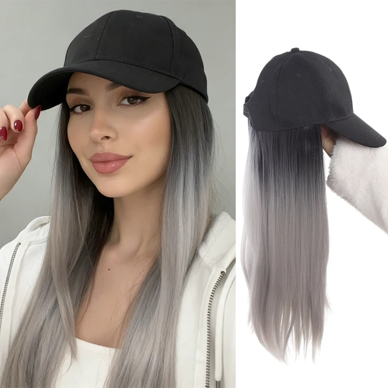

Black Baseball Cap with Ombre Gray Straight Hair, Synthetic Fiber, Ready - to - Wear, Perfect for Daily, Street Style & Quick Ma