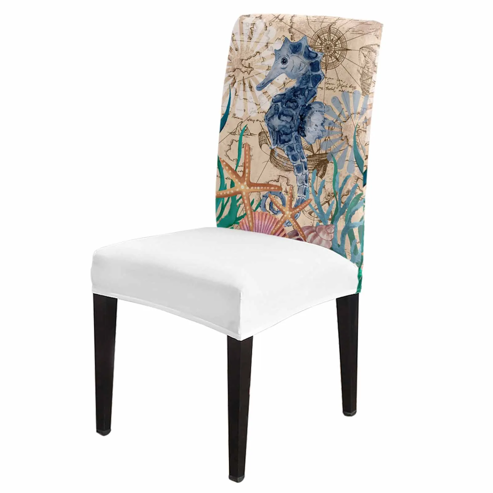 Seahorse Seaweed Starfish Shell Retro Chair Cover Set Kitchen Stretch Spandex Seat Slipcover Home Decor Dining Room Seat Cover