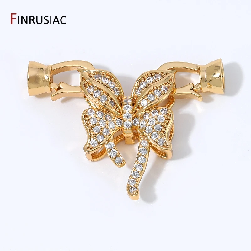 18K Gold Plated Brass Zircon Butterfly Pearl End Clasps, Bowknot Fastener Connector for DIY Jewelry Making Findings