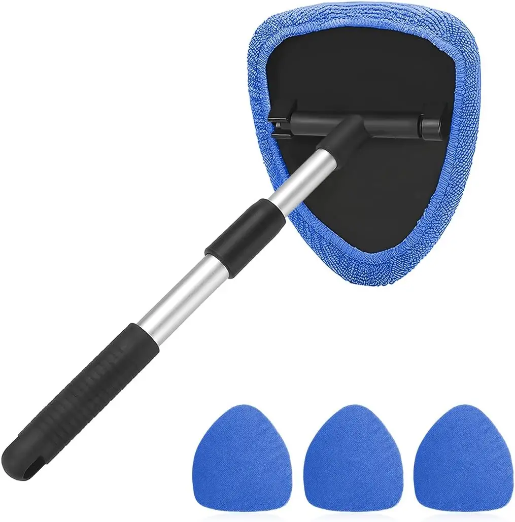 Windshield Cleaning Tool, Car Window Cleaner with Extendable Long Handle and 4 Washable Reusable Microfiber Pads