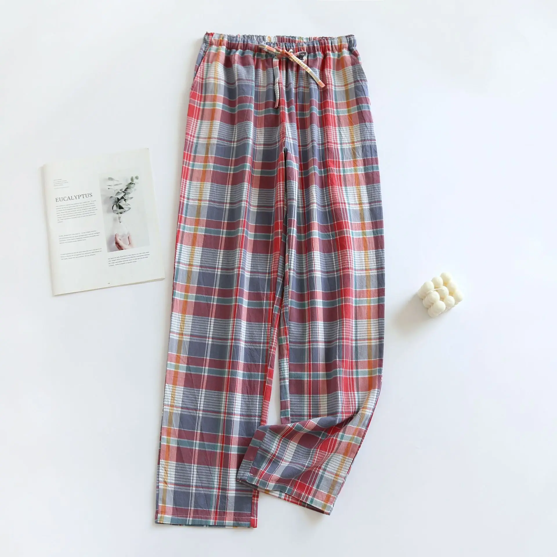 Washed Cotton Leisure Plaid Ladies Pajamas Pants Cotton Thin Plus Size Home Shorts Elastic Waist Plaid Sleep Bottoms Lounge Wear