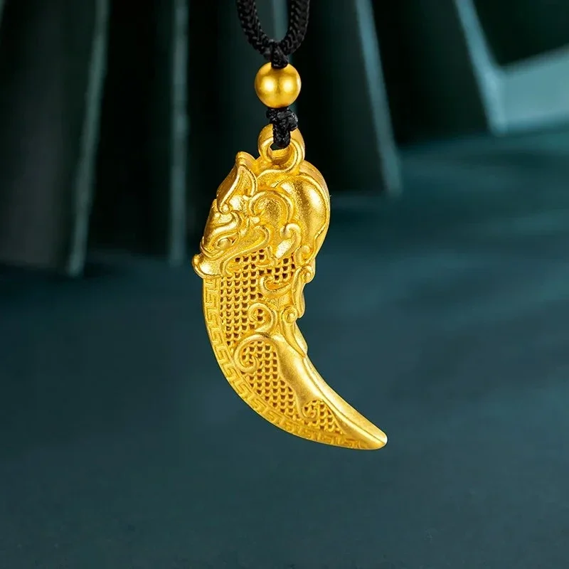 

ZivaGold Luxury 24K 9999 Pure Gold real gold Men's and Women's Hollow Wolf Tooth Pendant Transfer Beads Black Rope Necklace