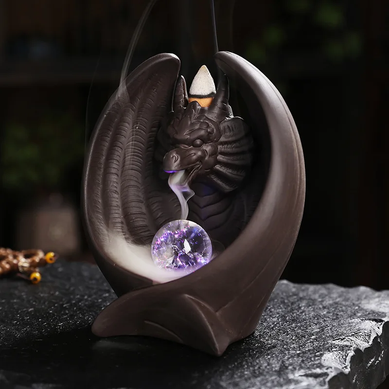 European Style Purple Clay Backflow Incense Burner Creative Purple Clay Pterosaur LED Light Backflow Incense Burner Home Tea Cer