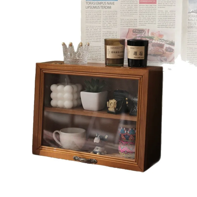 

Desktop coffee cup storage box mug tea set display case solid wood water cup cosmetics retro wood with lid