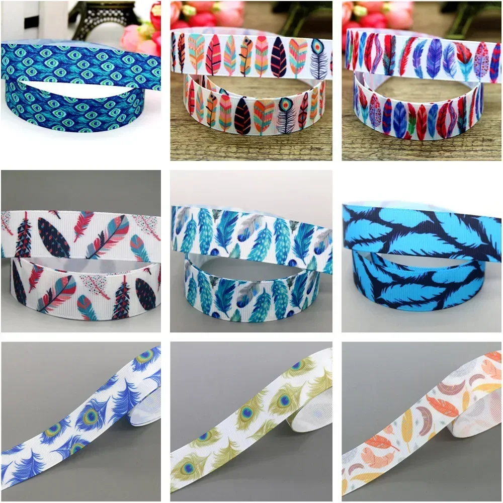 DHK 7/8'' 5yards Peacock Feather Printed Grosgrain Ribbon Headwear Hair Bow Diy Party Decoration OEM Wholesale 22mm C1164