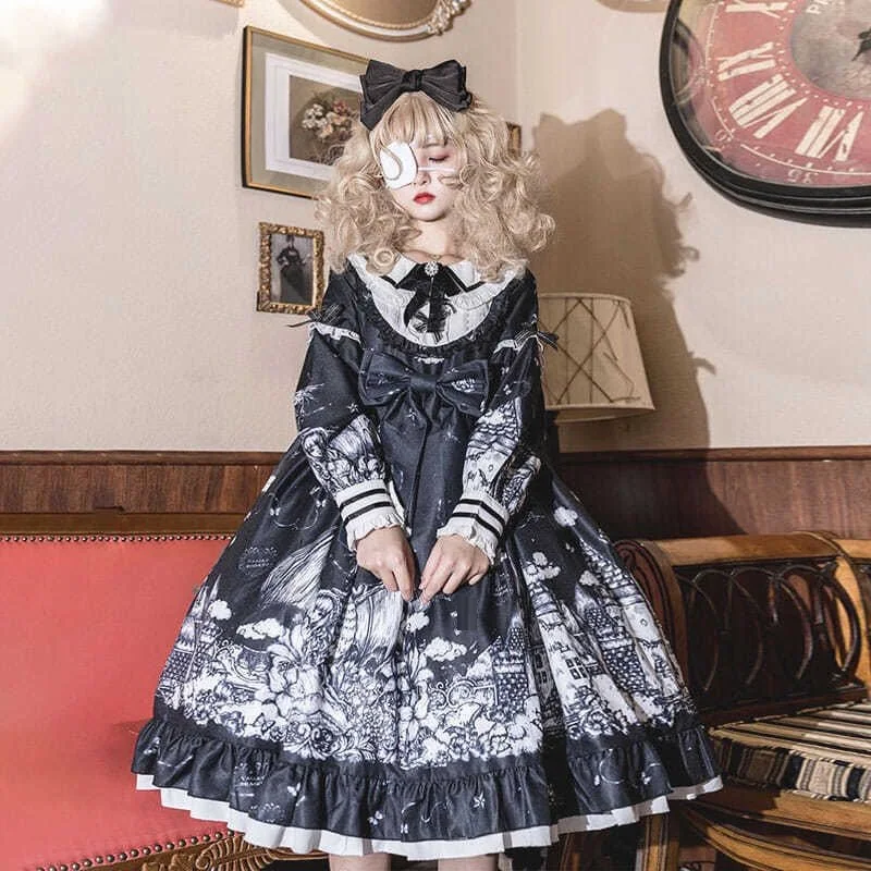 Plus Size 4XL 140kg Autumn Lolita Dress Women Long Sleeve High Waist Black Dark Dresse Butterfly Princess Print Dress