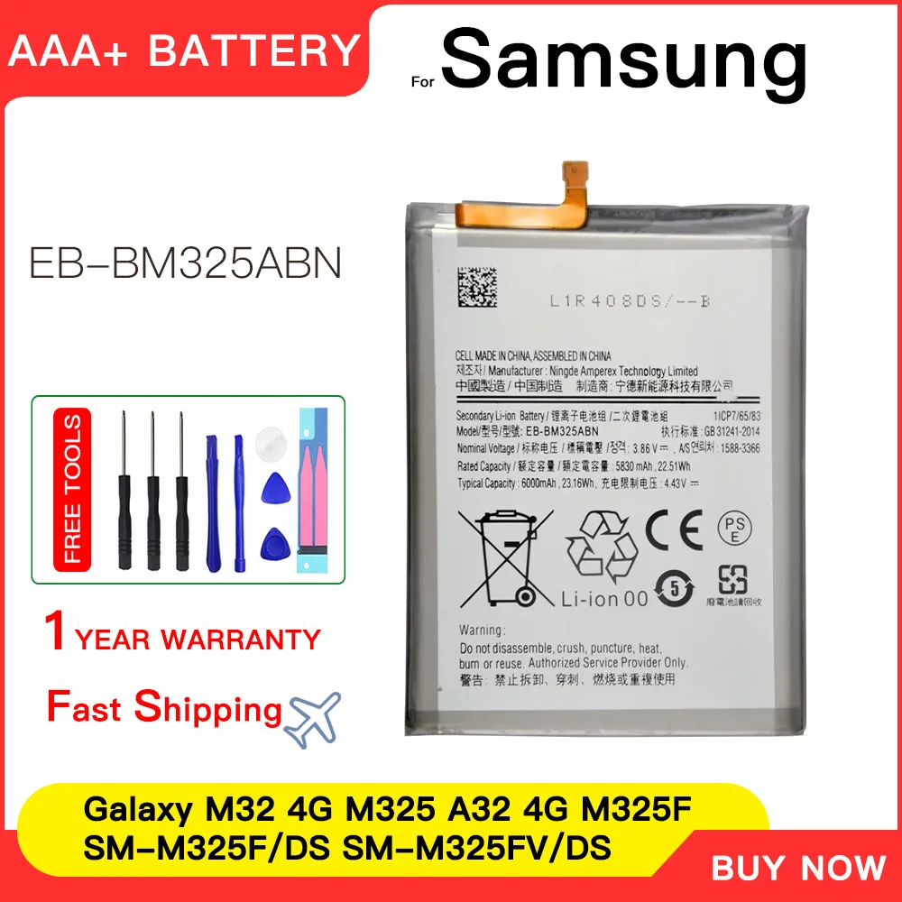 

Genuine New EB-BM325ABN 6000mAh Battery For Samsung Galaxy M32 4G/M325 A32 4G SM-M325F/DS SM-M325FV/DS M325F M325 Batteria+Tools