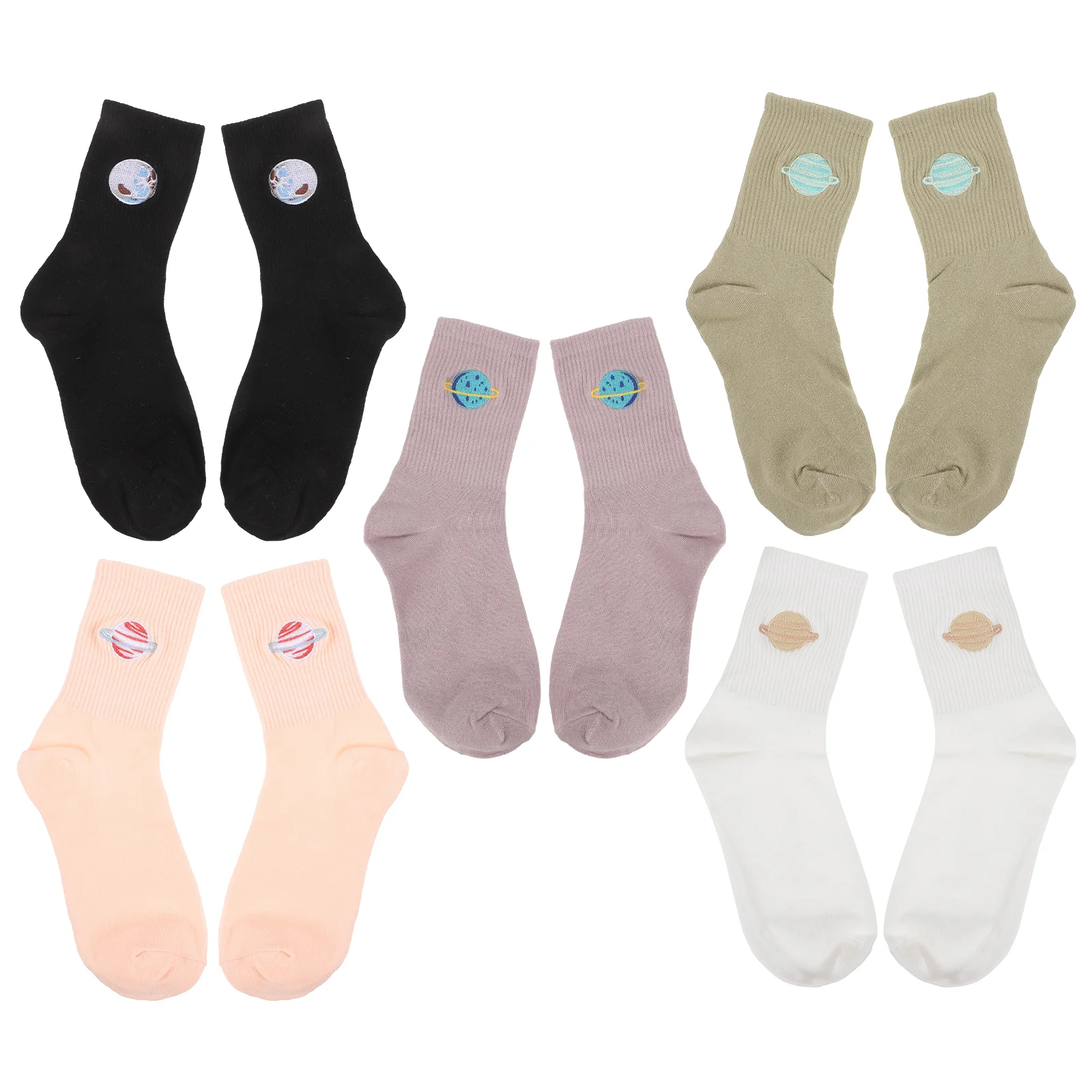 5 Pairs Socks Ladies Planet Mid-tube Embroidery Pattern Ankle Ordinary Cotton Stockings Green Adults Lovers Miss