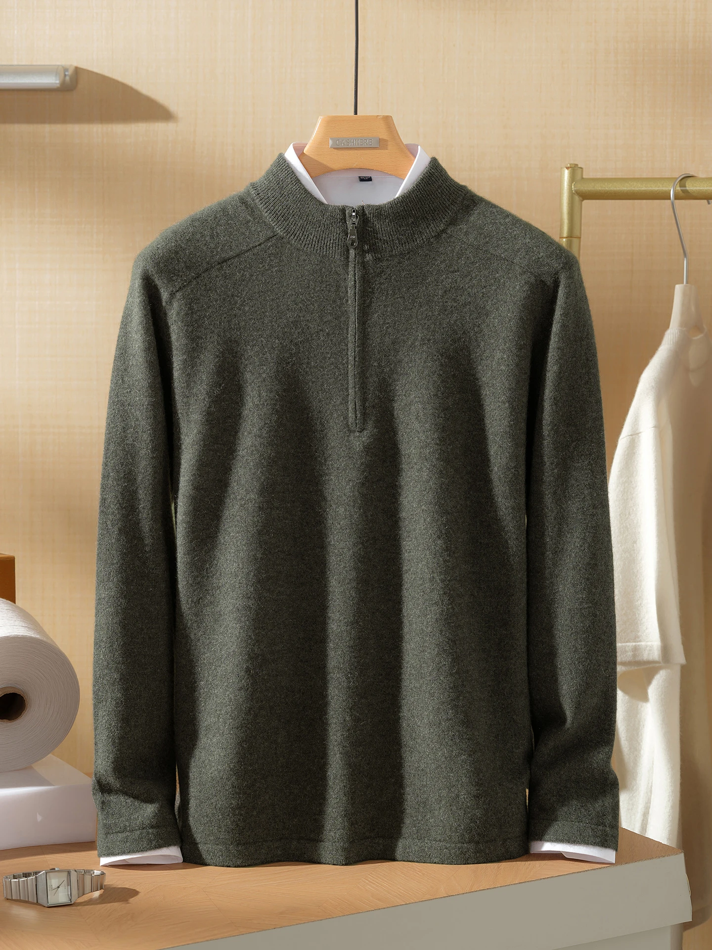 

High-quality autumn and winter new pure cashmere half turtleneck zipper sweater for men's casual business knitted sweater
