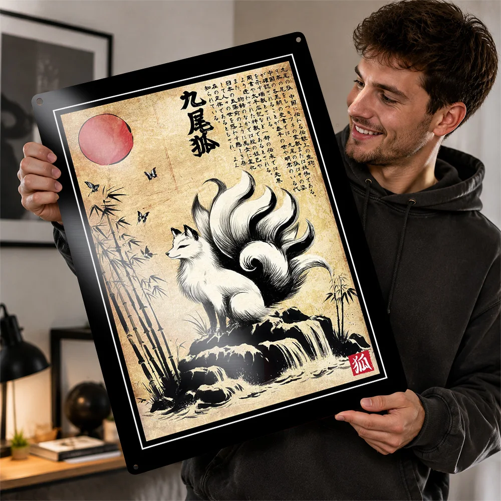 Nine Tailed Kitsune On Rocky Waterfall Aluminum Poster Woodblock Wall Art For Bedroom Personalized Metal Sign Housewarming Gift