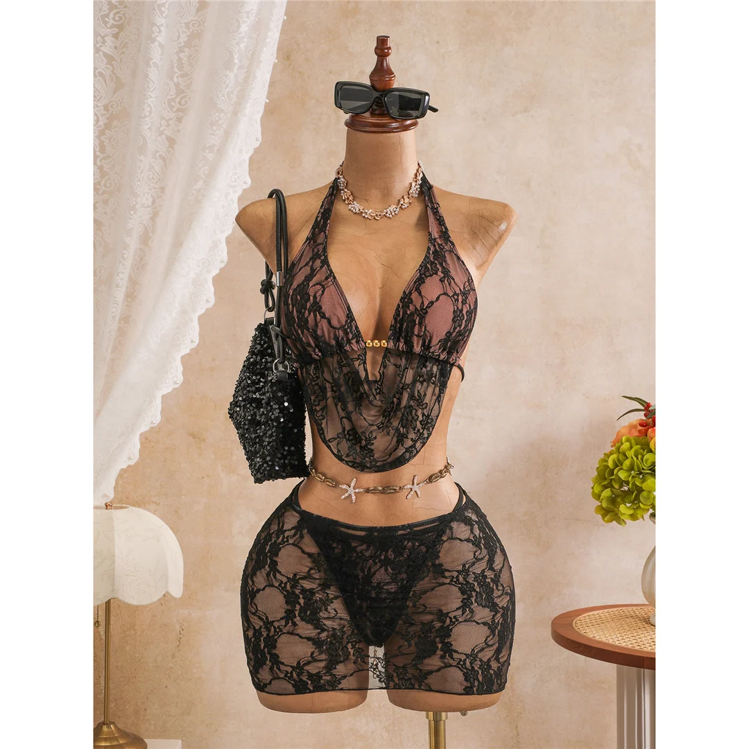 Mit Rock, Spitze, Neckholder-Bikini, Damen-Badeanzug, Damen-Bademode, dreiteiliges Bikini-Set, hoch geschnittene Beine, Badeanzug, Badebekleidung, Schwimmbekleidung V8418 – Detail 4