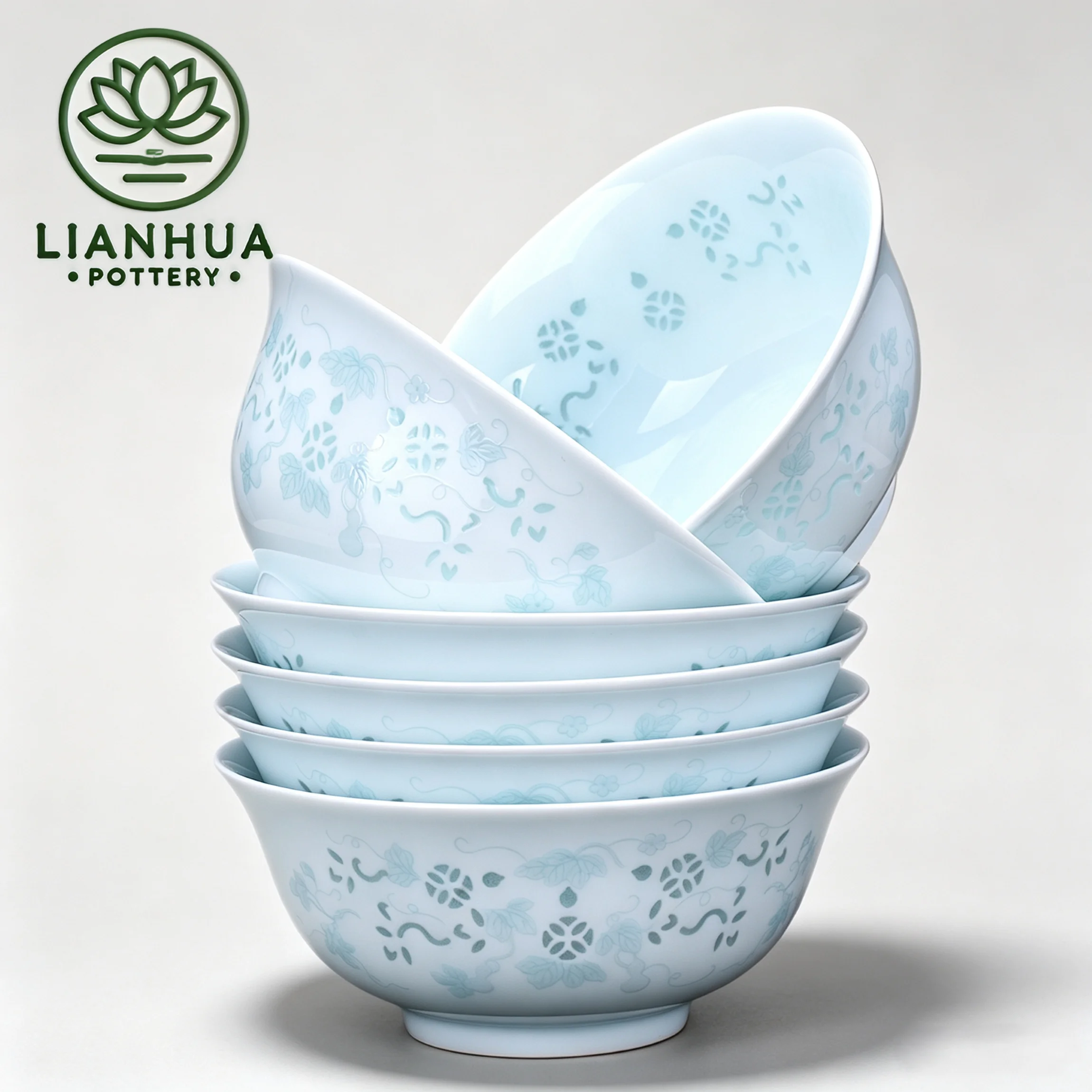 LIANHUA POTTERY Linglong Porcelain Bowl Set of 6 Celadon Glaze Gourd Relief Design Home Kitchen Dinnerware Set Housewarming Gift