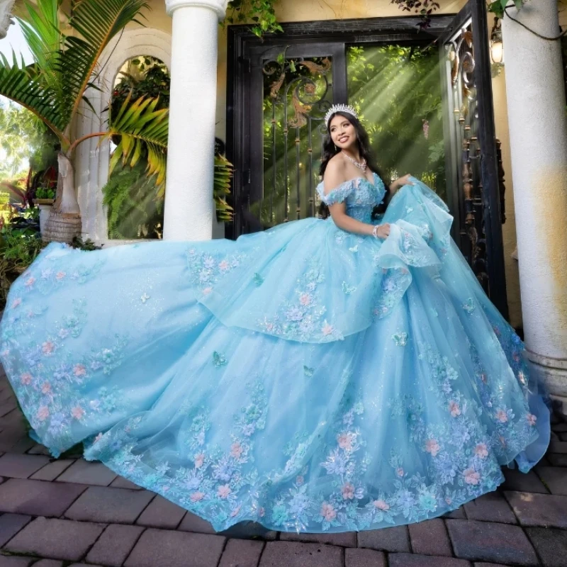 

Mexican Sky Blue Shiny Quinceanera Dresses 3D Floral Applique Beads Tull Birthday Party Formal Sweet 16 Dress Vestidos XV 15 Año