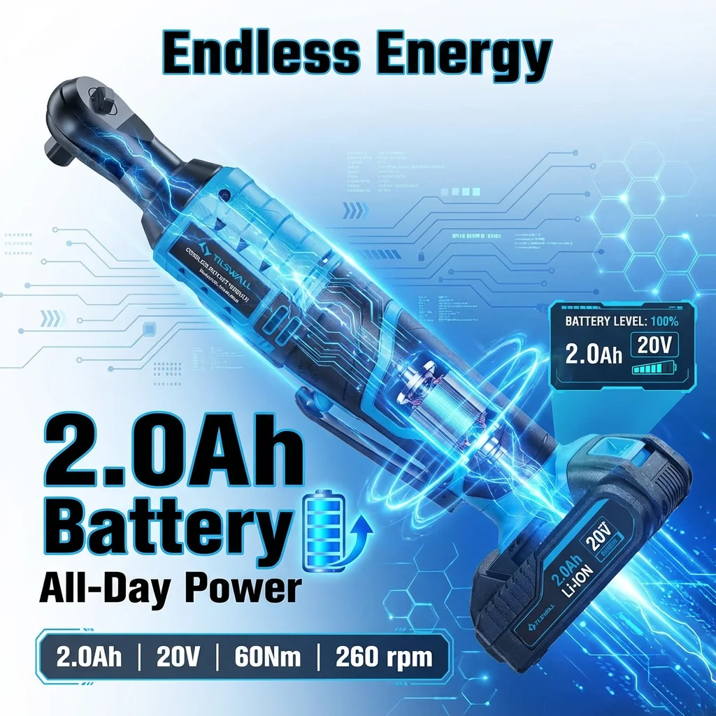 Blue/Orange 20V Cordless Electric Ratchet Wrench Set with 7 Sockets, 60 Nm Torque, 260 RPM, Variable Speed, 2000 mAh Lithium-Ion Battery Pack, and Charger for Automotive Repair, DIY, and Home Use