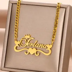 Custom Gold Color Crown Name Necklace Women Girl Jewelry Stainless Steel Cuban Chain Heart Ribbon Nameplate Pendant Necklace