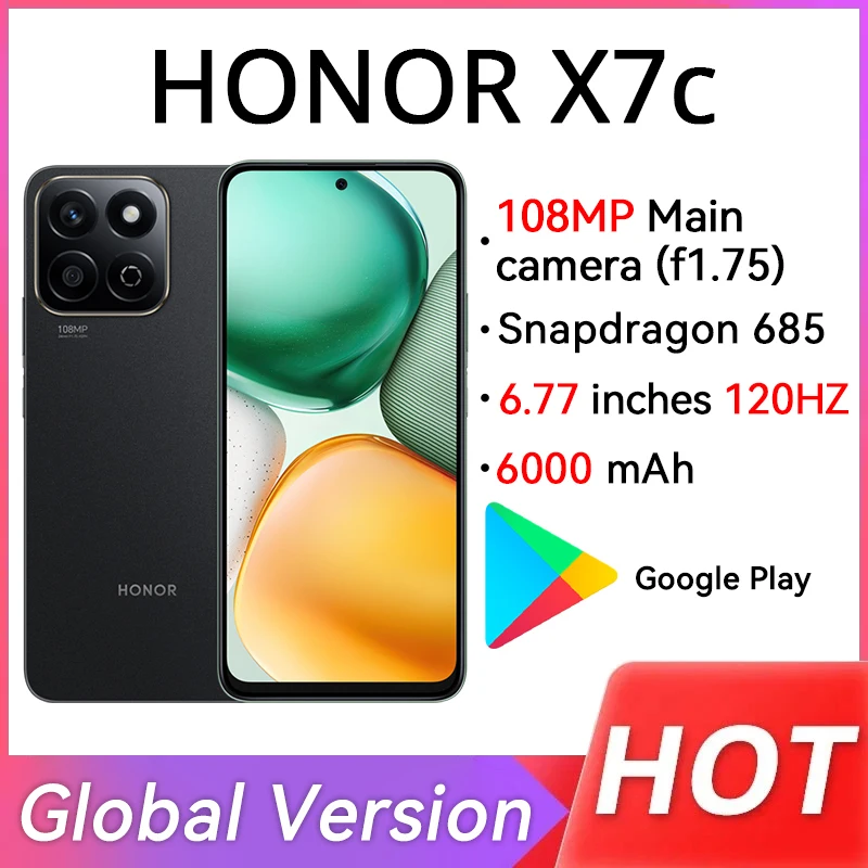 Глобальная версия мобильного телефона HONOR X7c 4G Snapdragon 685 6,77 дюйма 120 Гц IPS ЖК-дисплей 108 МП двойная камера 6000 мАч длинный аккумулятор IP64