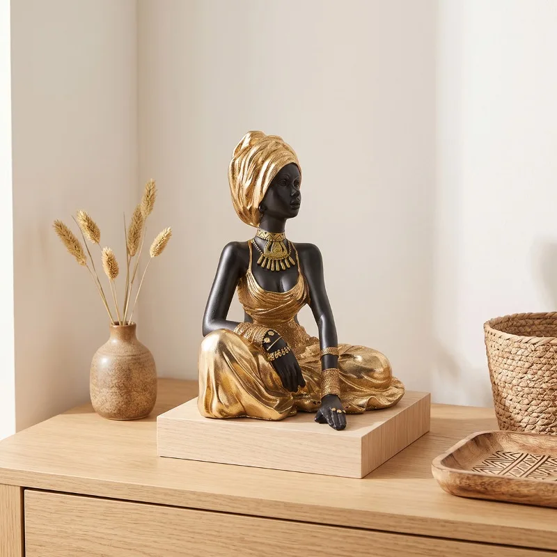 Elegant Black Woman Figurine, Golden Dress & Turban, African Art Decor, Home & Office Ornament, Luxury Gift