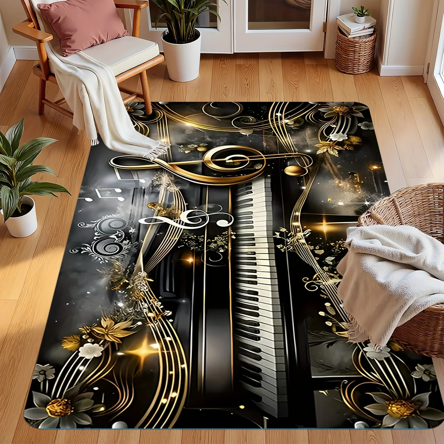 Luxurious Musical Piano Design Rug Runner Polyester Area Mat for Living Room Hallway Decor Gold Notes Classical Style Carpet