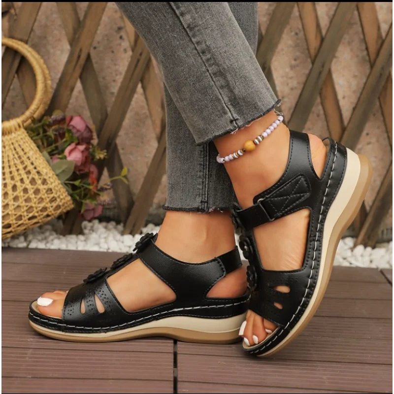2025 Summer Women Sandals New Hollow Out Wedge Flowers Casual Sandalias Retro Platform  Comfortable Plus Size