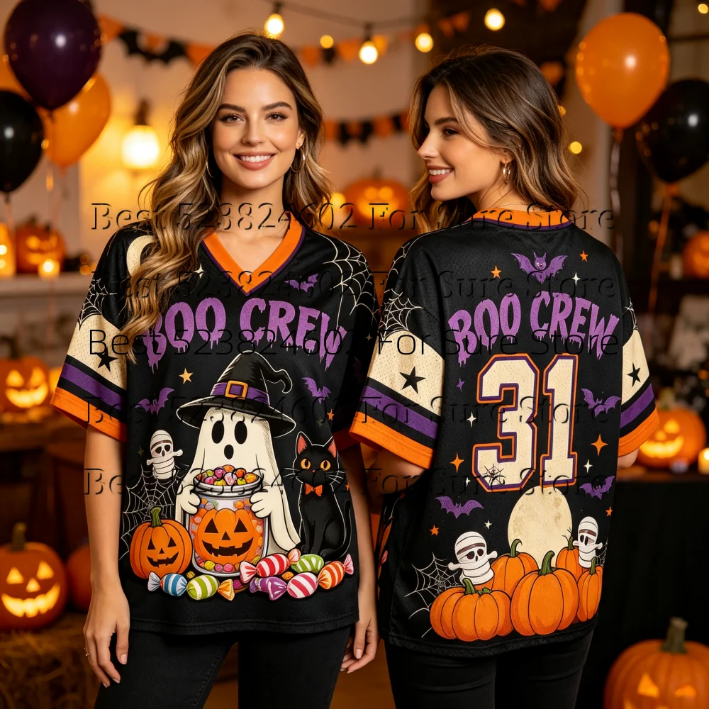Unisex Halloween Party Mesh Short Sleeve Jersey Boo Crew Letter Ghost Cat Candy Pumpkin Spiderweb V‑Neck Loose Sport Tee Tops