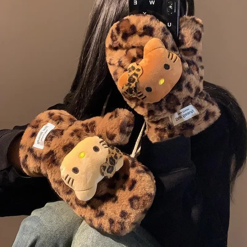 

2024 Leopard HelloKittys Plush Gloves Scarf Kitty Cat Thermal Hanging Neck Mittens Winter Keep Warm Glove Girl Gift