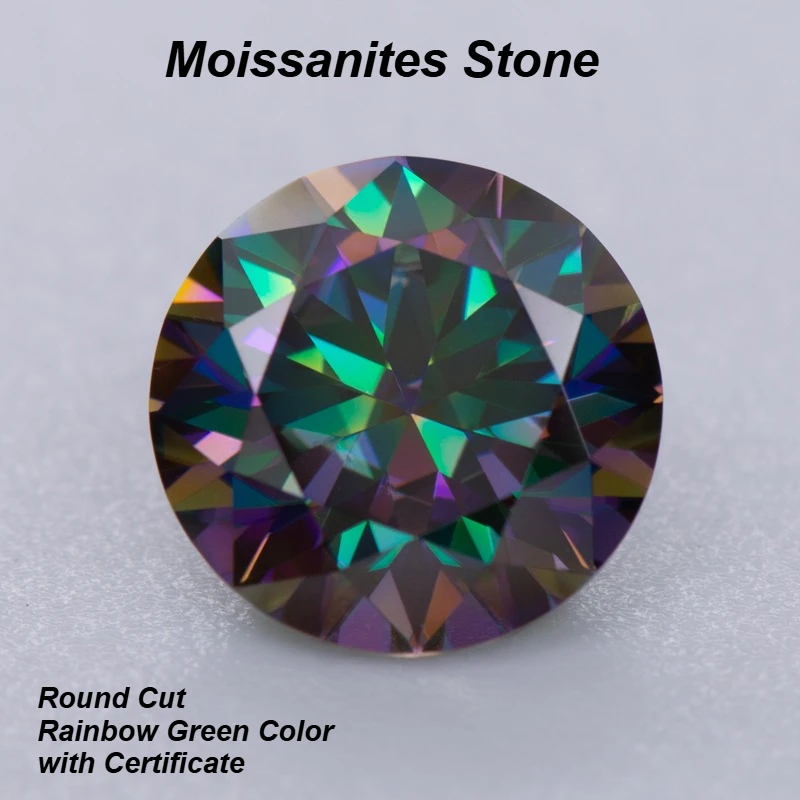

Муассаниты, камень круглой огранки, радужно-зеленый цвет, высокое качество, восемь сердец и восемь стрел, драгоценные камни с сертификатом