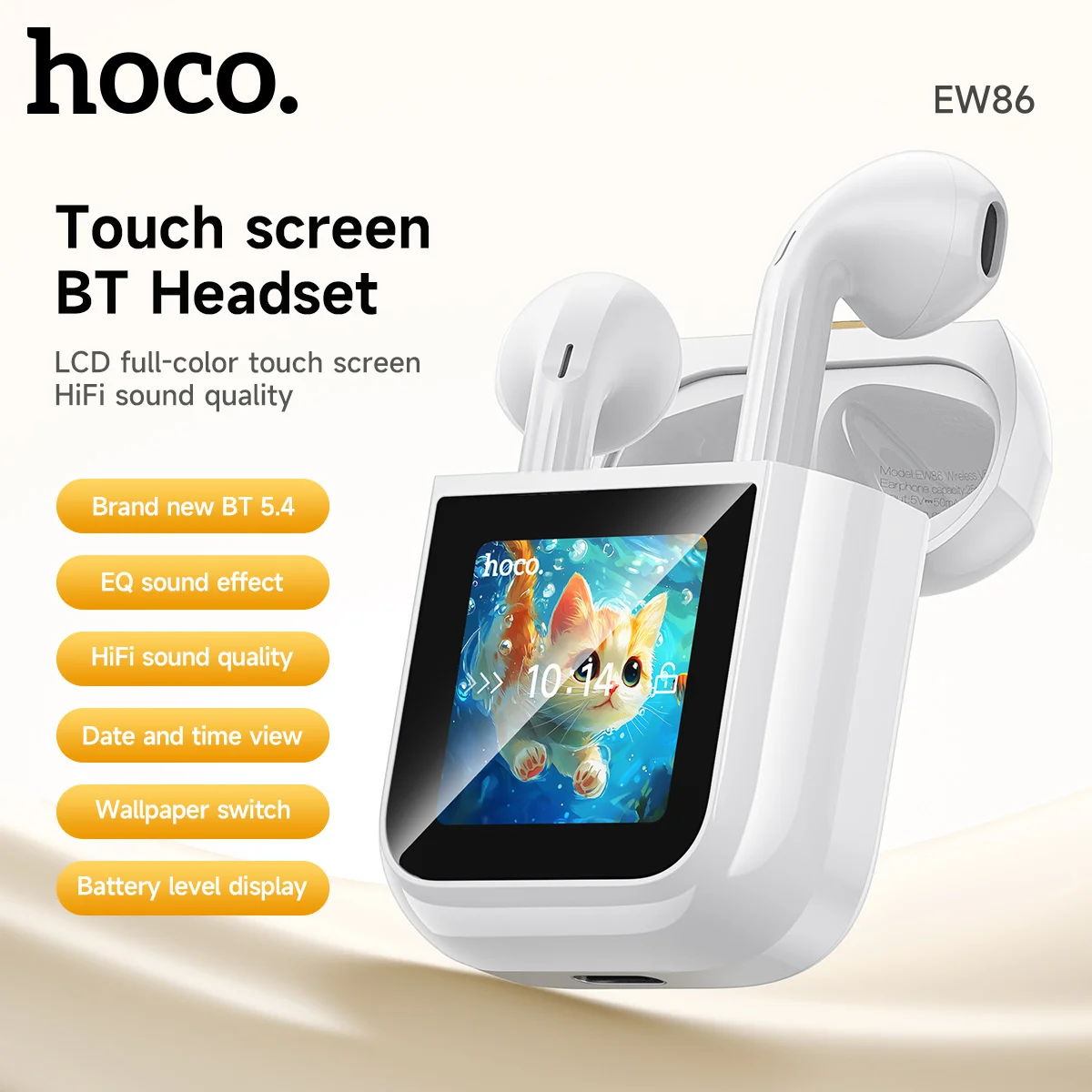 

HOCO EW86 Cat True Wireless Touch Screen Bluetooth 5.4 Headset Semi In Ear Headphones Sports Hifi Sounds Earphones with Mic