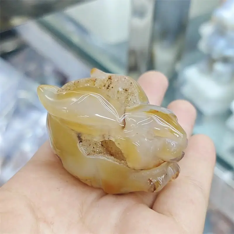 Natural Agate Geode Rabbit Carving Reiki Healing Fengshui Stone Home Office Decoration Holiday Gift 1PCS