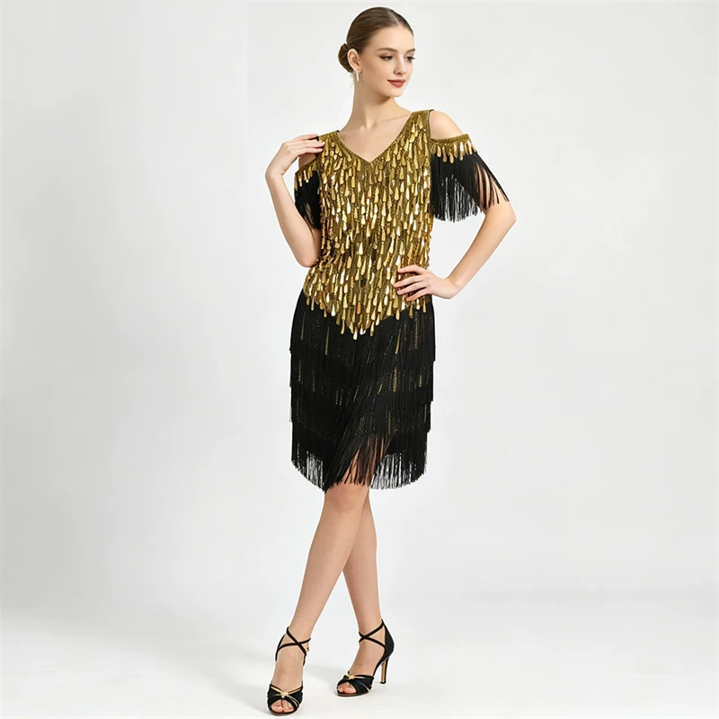 Damen-Latein-Tanzkleid mit Pailletten und Fransen, Quastenkleid für Samba, Tango, Cha-Cha, Wettbewerb, Bühnenauftritt, Party, Kostüm, Ballsaal-Kleidung – Detail 2
