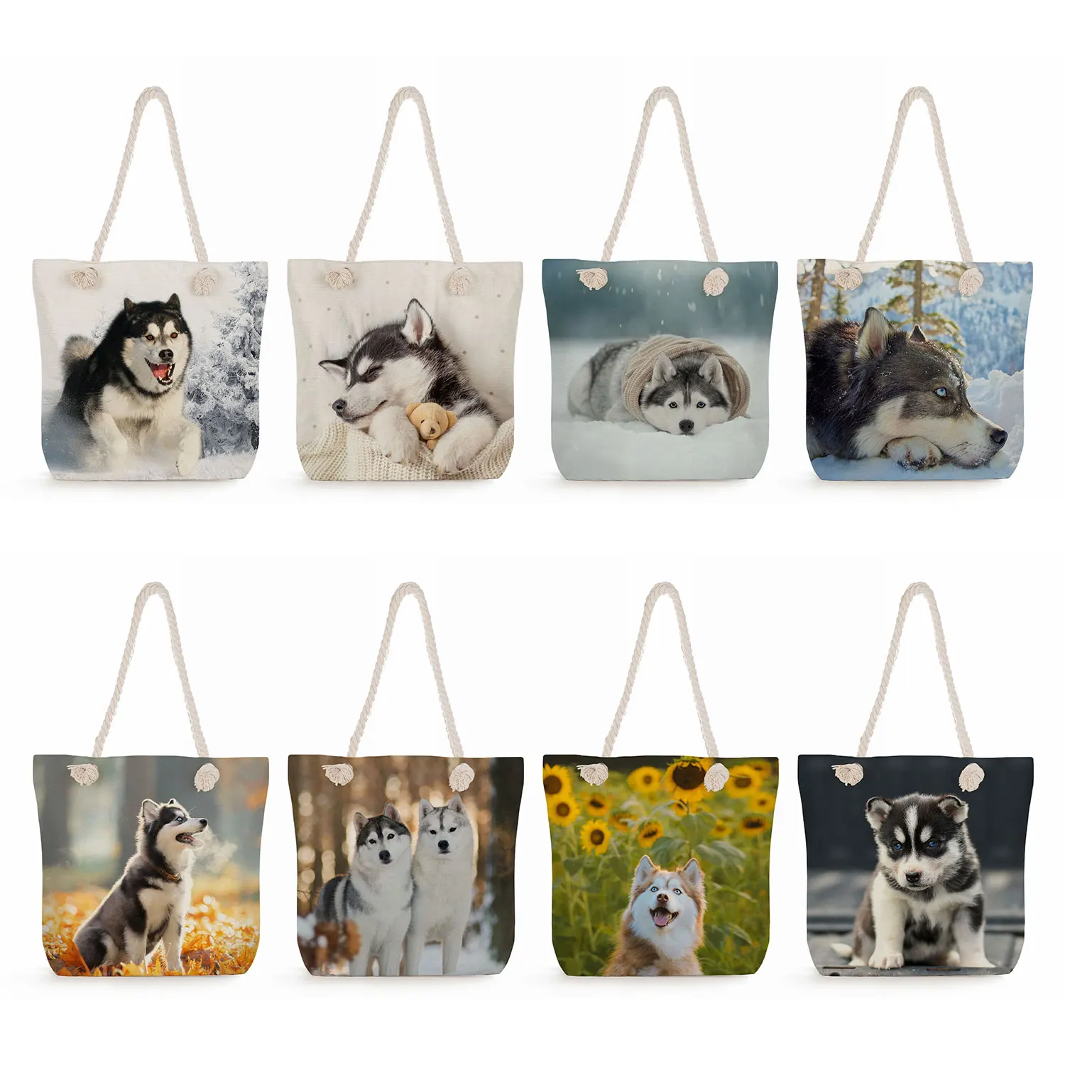 Cute Siberian Husky Print Handbags Polyester Linen Shopping Totes Dog Graphic Shoulder Bags Thick Rope Travel Beach Bags Women