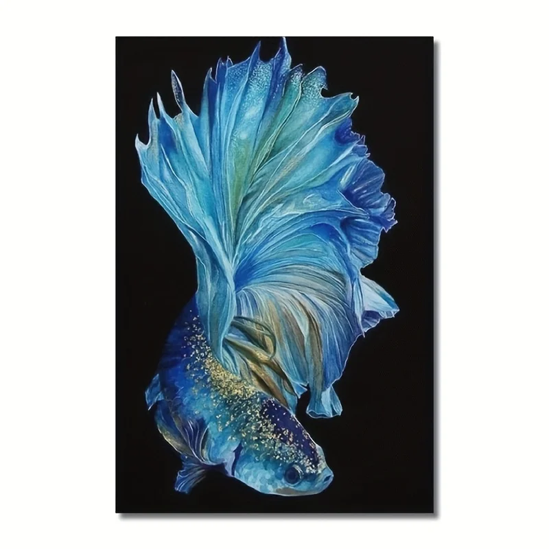 Betta Fish Canvas Print – Blue and Gold Aquatic Design, Modern Fish Portrait, Frameless 12×18 Inches, for Home Office Decor