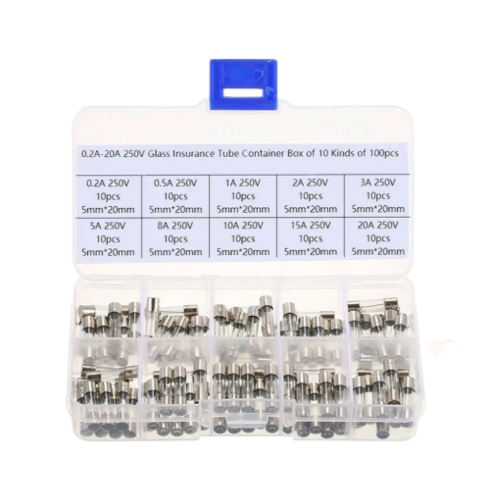 

100PCS 10 Kinds of Fast-blow Glass Tube Fuses Car Glass Tube Fuses Assorted Kit 0.2A-20A 5X20mm Household Fuses with Box