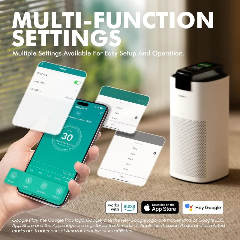 MORENTO Air Purifiers for Home Large Room Up to 2050 Ft² with PM 2.5 Air Quality Sensor, Smart WiFi and Sleep Mode