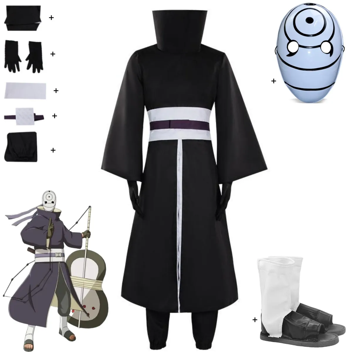 

Anime Uchiha Obito Cosplay Costume Black Robe Tops Coat Ninja Combat Uniform Mask Shoe Man Woman Halloween Carnival Suit