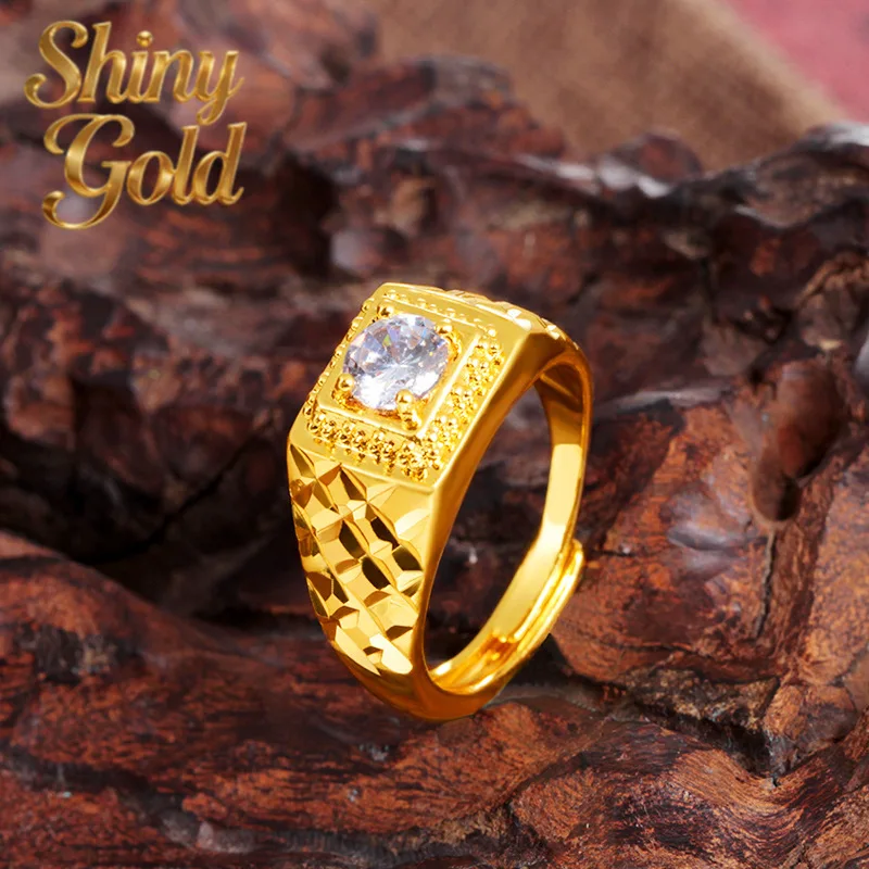 ShinyGold Men's 24K Gold AU999 Stylish Ring With Sparkling Inserts | Geometric Matte Gold With Faceted Accents, Sophisticated F