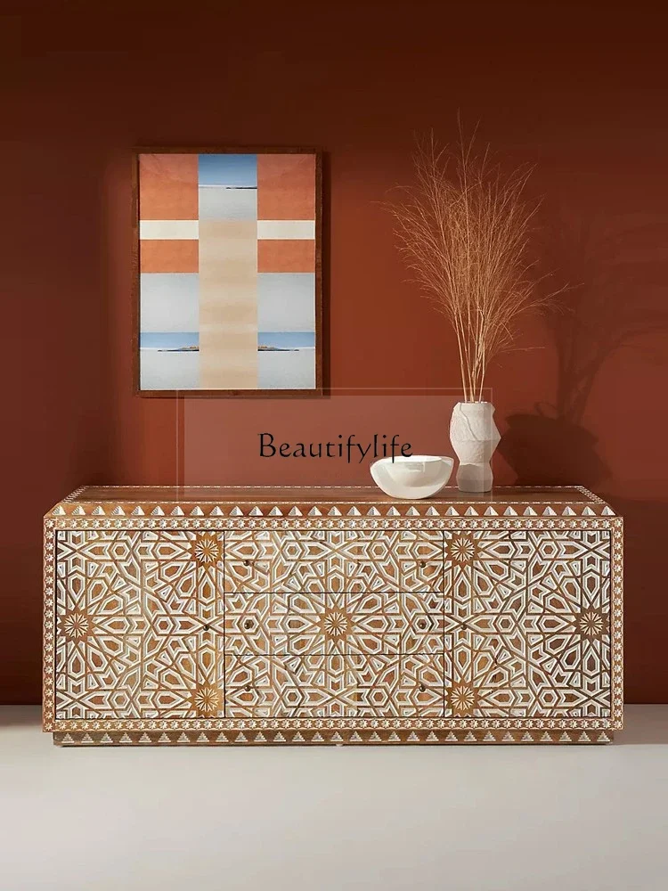 

yj5French Retro Solid Wood Sideboard Cabinet Bohemian Log Style Decoration Entrance Cabinet