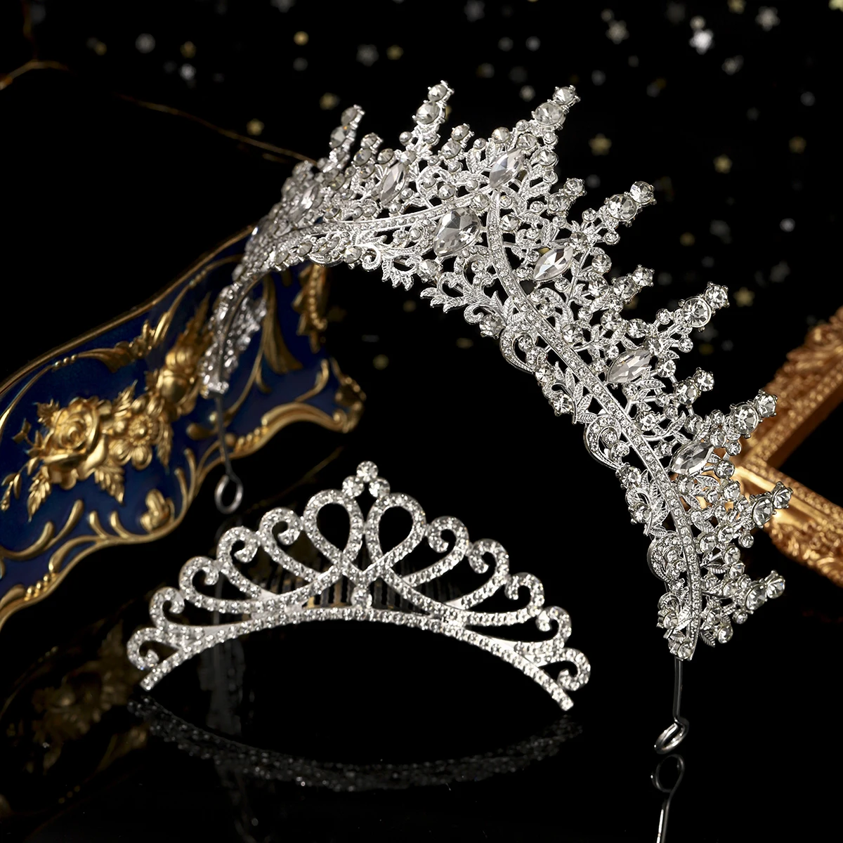 مجموعة تيارا الزفاف الكريستالية الرائعة من الفضة، تاج لطيف مع أمشاط الشعر، أغطية الرأس لحفلات الأم والبنت، إكسسوارات الشعر #2