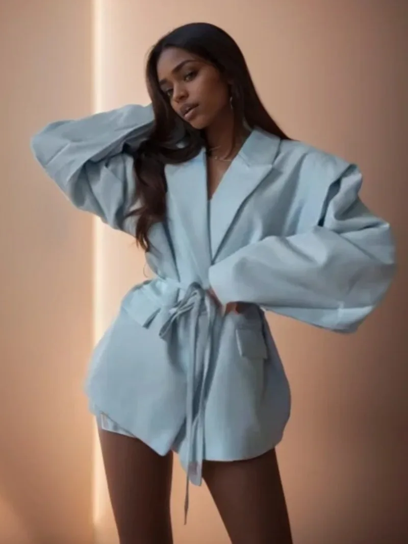 Tops Elegant Commute Suit Jacket Female Loose Outwear Autumn New Women's Distinctive Waisted Lace-up Wide Shoulder Suit Jacket
