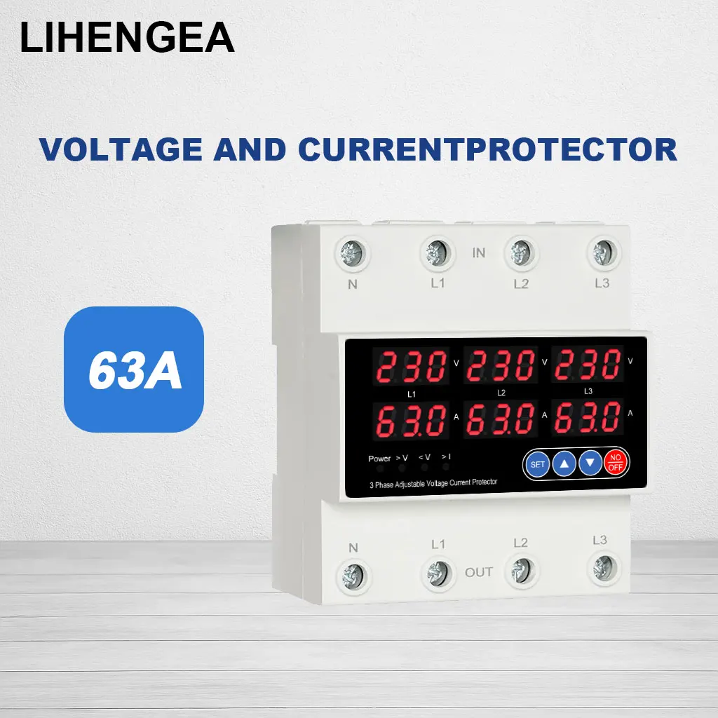 

3 Phase Adjustable Over and Under Voltage Protector relay with current protection 63A LCD Display Din Rail 3*220V 380V