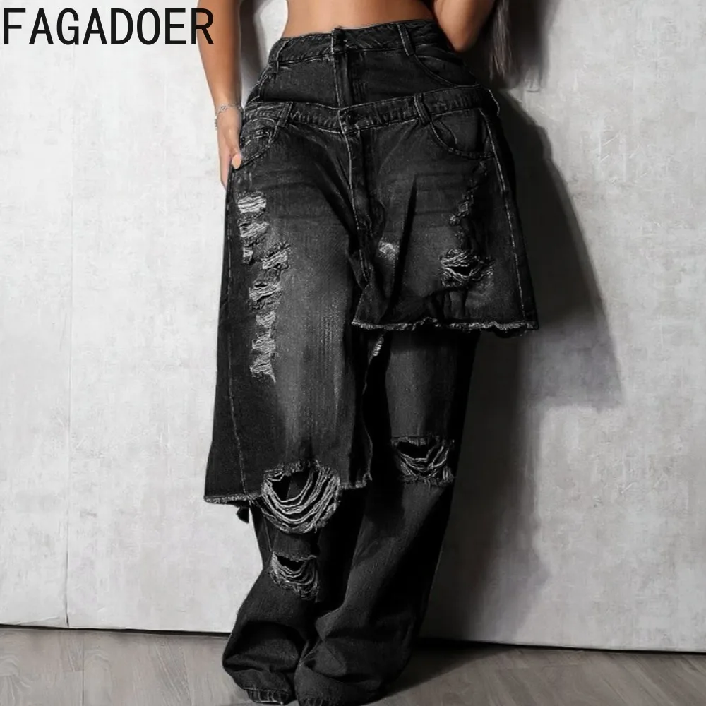 FAGADOER Autumn New Fashion Quality Denim Pants Women Wash Hole Irregular Pocket Patchwork Jeans Female Streetwear Bottoms 2025