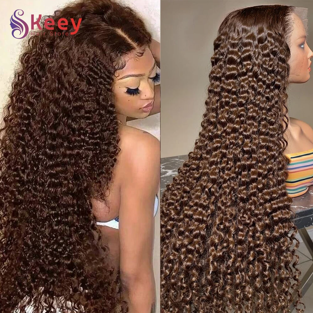 30 40 بوصة الشوكولاته البني موجة عميقة شعر مستعار أمامي 220 عالية الكثافة شعر بشري مجعد شعر مستعار ملون 13x4 Hd الدانتيل شعر مستعار أمامي للنساء