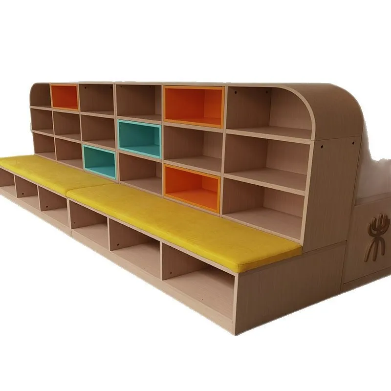 Kindergarten Children's School Color Plaid Wood Bookcase, Free Combination Self-assembled Solid Wood Reading Children's B