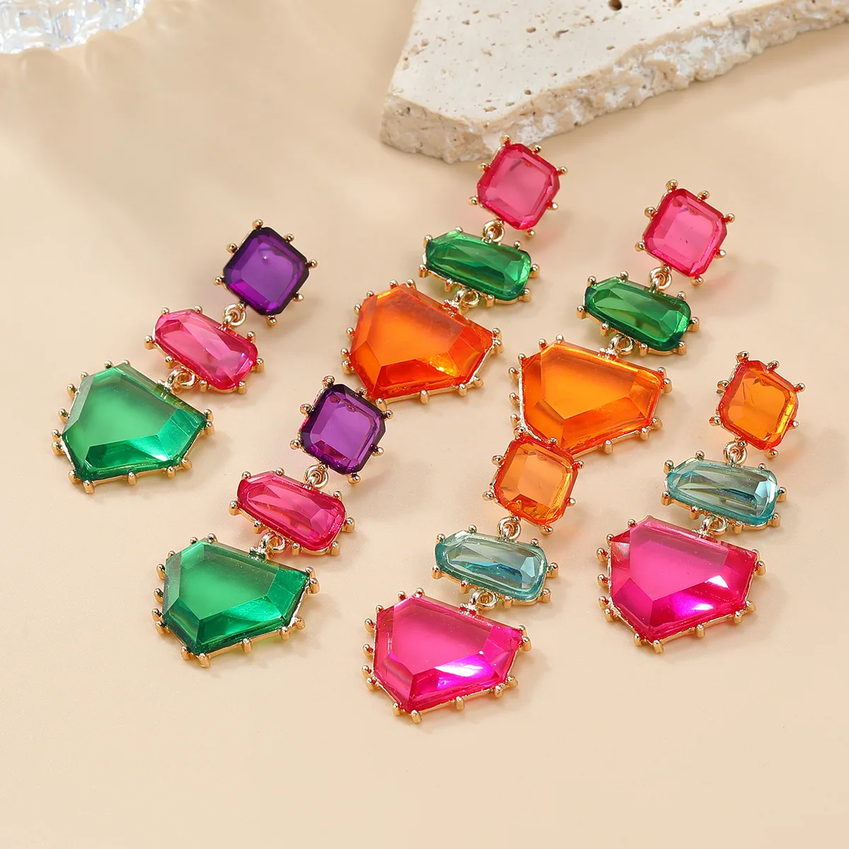 Color Mixed Big Statement Acrylic Rainbow Gold Earrings for Female Women Bohemia Earring Fuchsia Accessories