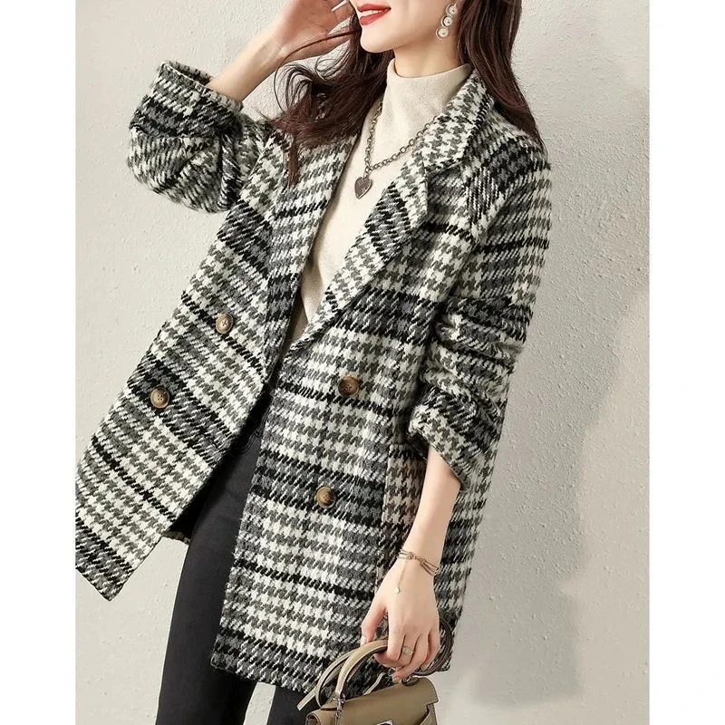 Plaid Casual Wollen Windjack Vrouwen Overjas Herfst Winter 2025, Nieuwe Koreaanse Losse Double-Breasted High-End Wollen Jas