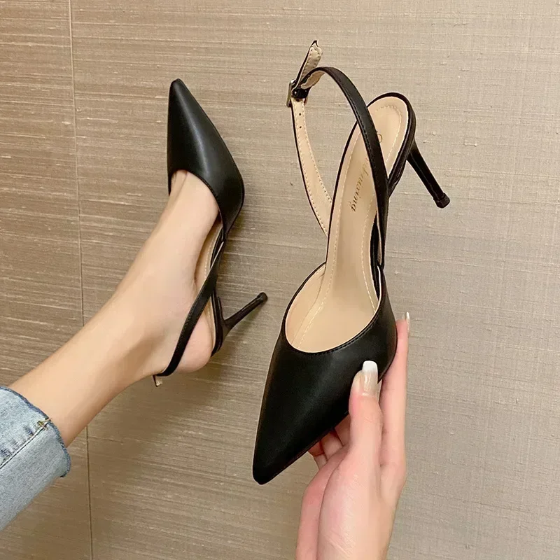 8cm Designer Luxury Shoes Sandals Pointed Toe Thin High Heels Ankle Wrap Black Banquet Party Women Shoes 40 41