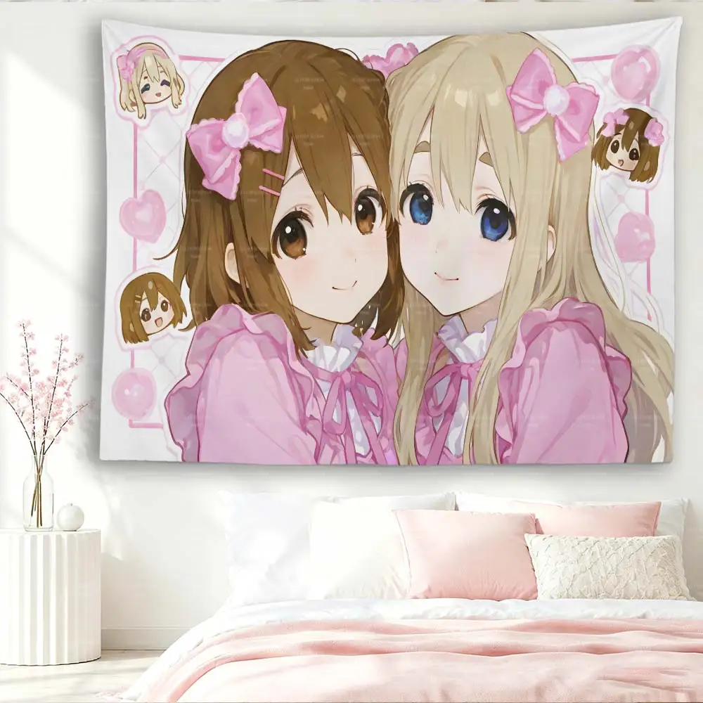 KK-On Cute Girls Pink Bow Anime Tapestry, Sweet Heart Bubble Pattern Wall Hanging, Polyester Wall Cloth for Bedroom Dorm Kawaii